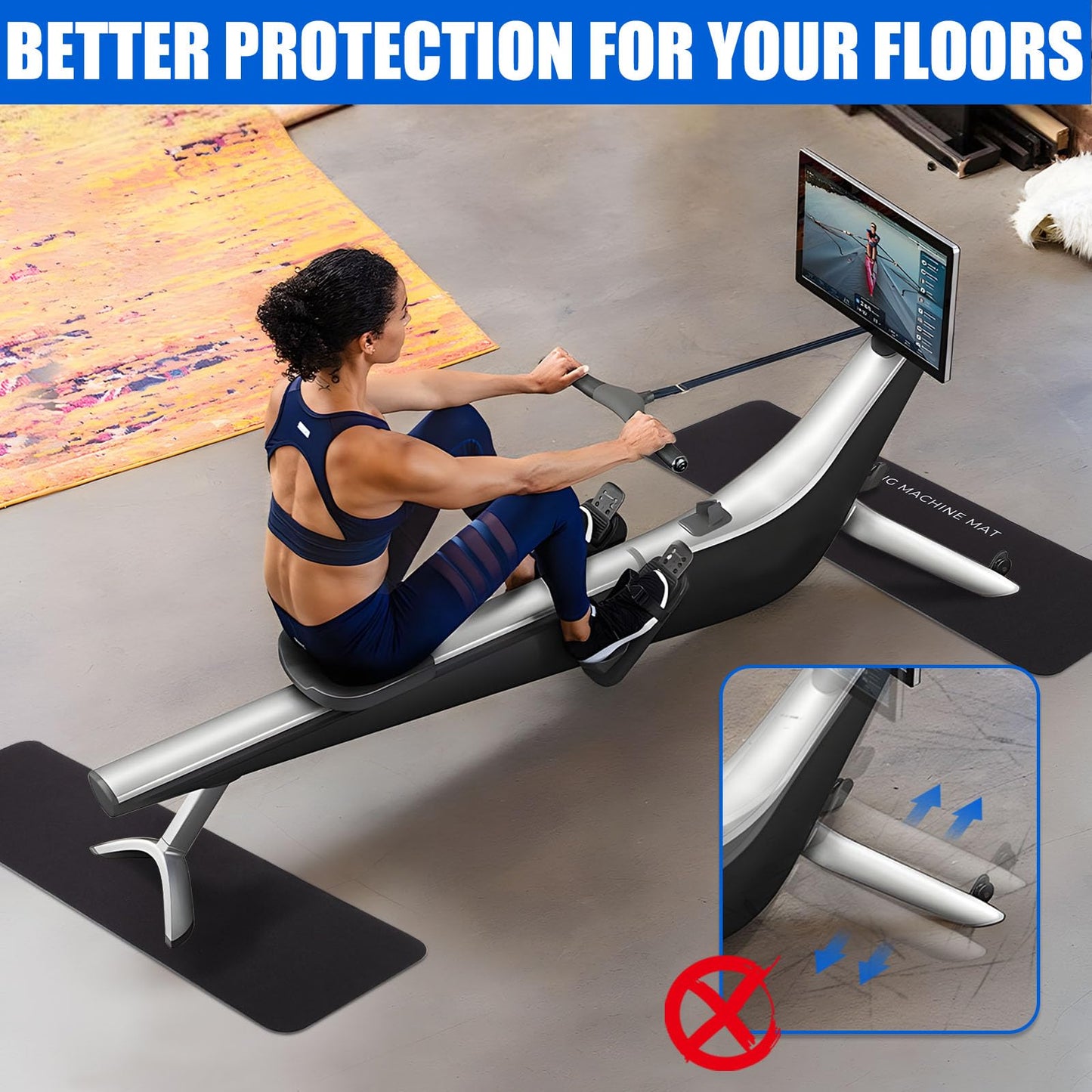 TOBWOLF 2PCS Rowing Machine Mat, Non-Slip Exercise Bike Mats for Home Gym Workout, Treadmill Mats Protector for Carpet & Hardwood Floors, Rower Mat for Hydrow, Concept 2, Peloton Rower Machine