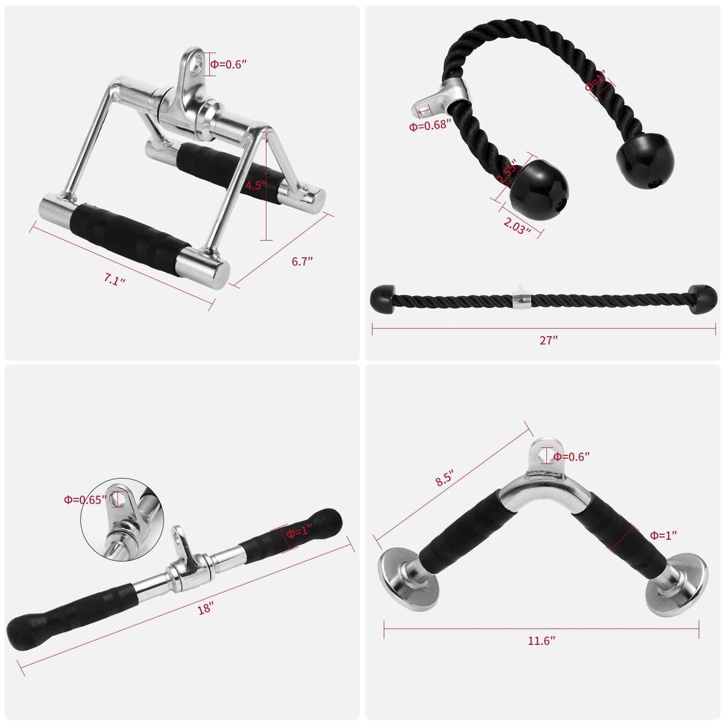 DYNASQUARE Tricep Press Down Cable Machine Attachment, Body Building, LAT Pulldown Attachments, Home Gym Accessories, Double D Handle, V Bar, Tricep Rope, Pull Down Bar