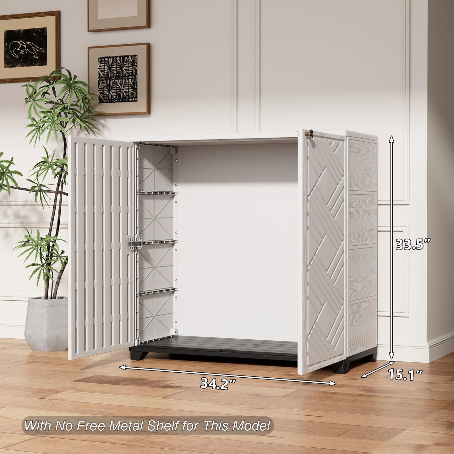 HOMSPARK Indoor/Outdoor Storage Cabinet with Doors, 34”x15”x34” HDPE Plastic Storage Box for Bedroom, Bathroom, Living Room, Balcony, Multi-Purpose for Daily Tools, White