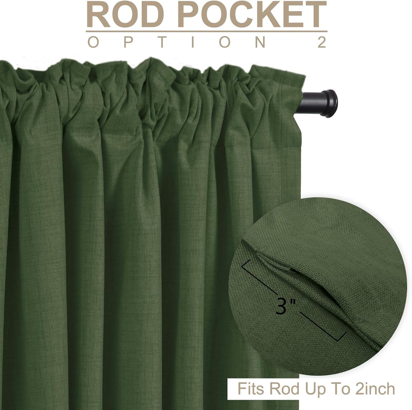 Skiennix 100% Blackout Linen Curtains - Thermal Insulated Drapes for Bedroom | Moss Green, 50" W x 108" L, 2 Panels Set