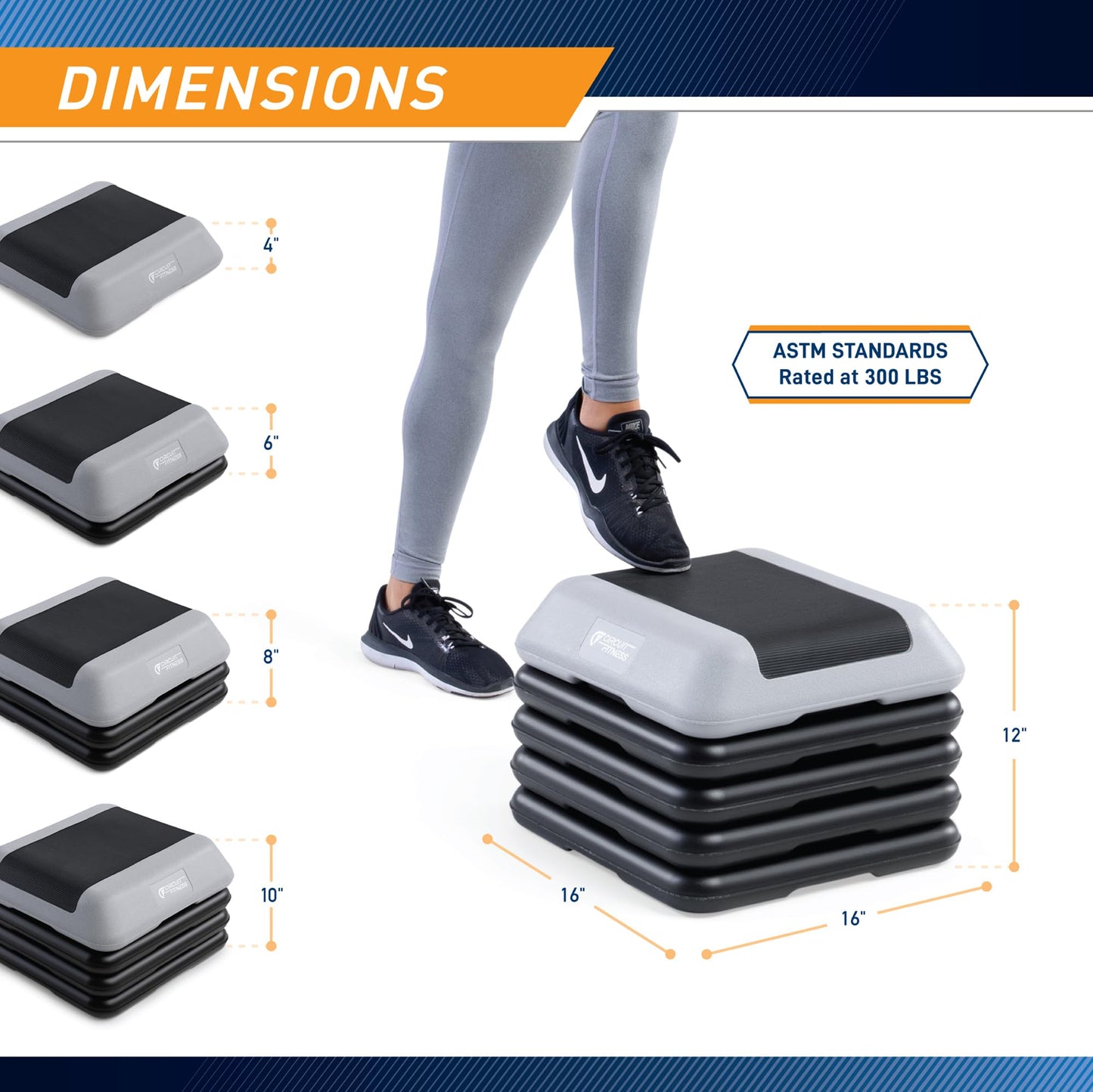 Circuit Fitness by Marcy 16 x 16 inches Adjustable Height Aerobic Step Platform with 4 Risers, Non-Slip Rubber Surface, Home Exercise Fitness Training, Cool Gray, STEP-GRAY01-4R