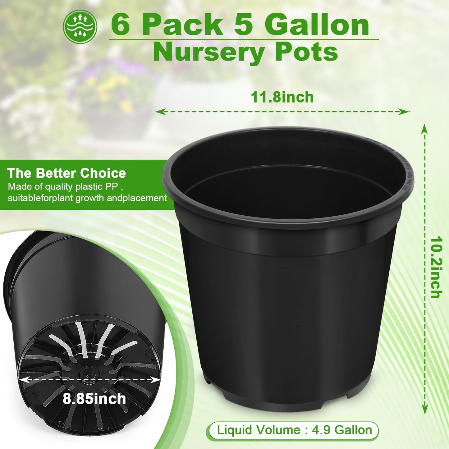 DUNPUTE 6 Pack 5 Gallon Pots for Plants, 5 Gallon Plastic Nursery Pot with Drainage Holes, Sturdy Plastic Plant Pots for Nursery Garden, Flowers, Succulent Outdoor Indoor (Black, 5 Gal- 6 Pack)