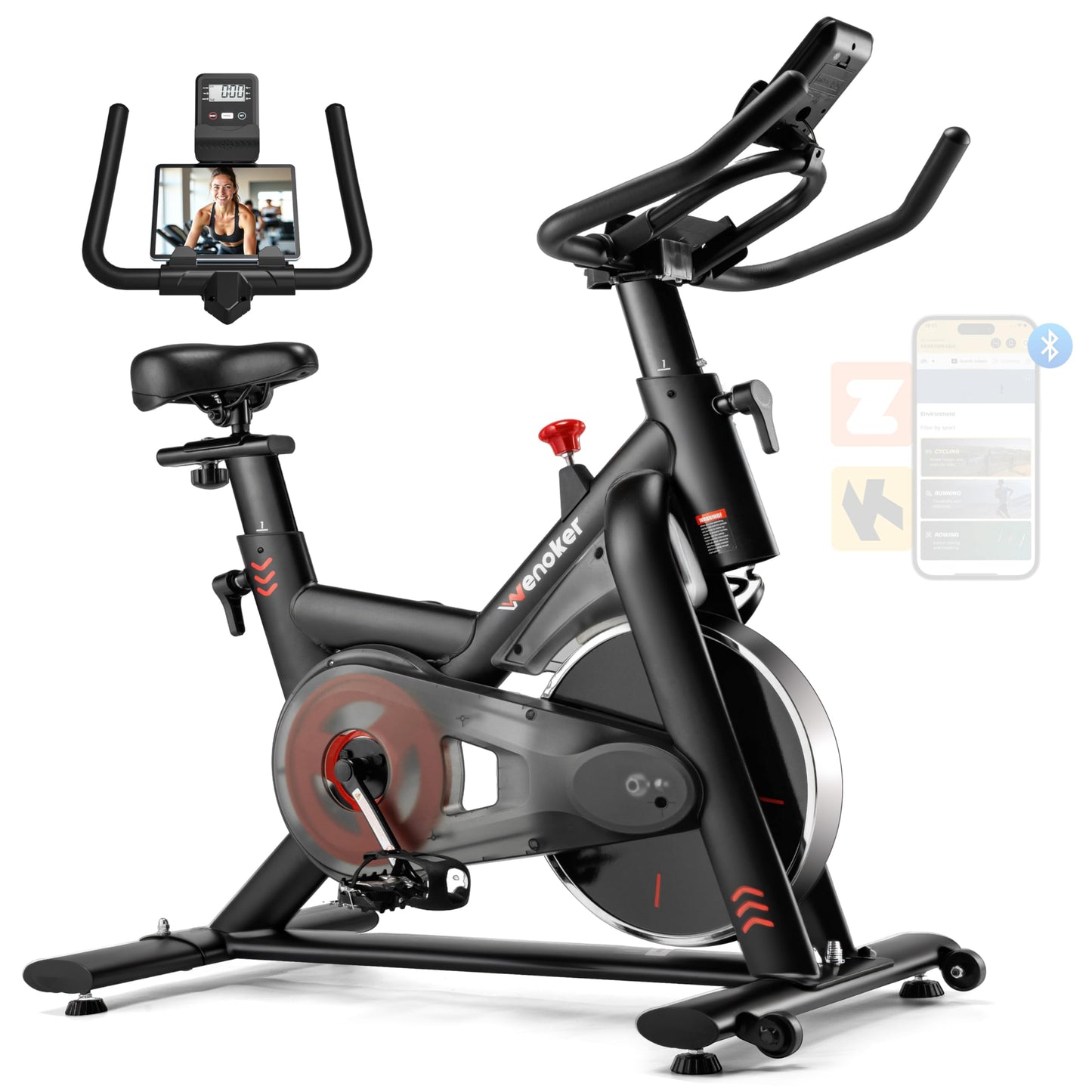 Wenoker Exercise Bike for Home – 350LB Indoor Cycling Bike, Low Noise Stationary Spin Bike with App Sync, Adjustable Seat, LCD Monitor, Smooth & Quiet for Cardio Workout
