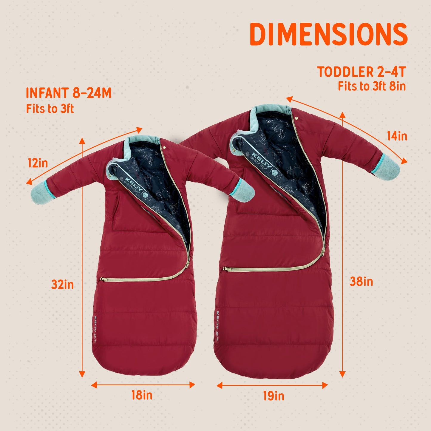 Kelty Space Cadet Infant and Toddler Sized Arms-Out Sleeping Bag, 30-40F Degree Rated, 8M-4T, Fleece-Lined Hand Covers (40F / 2-4T)