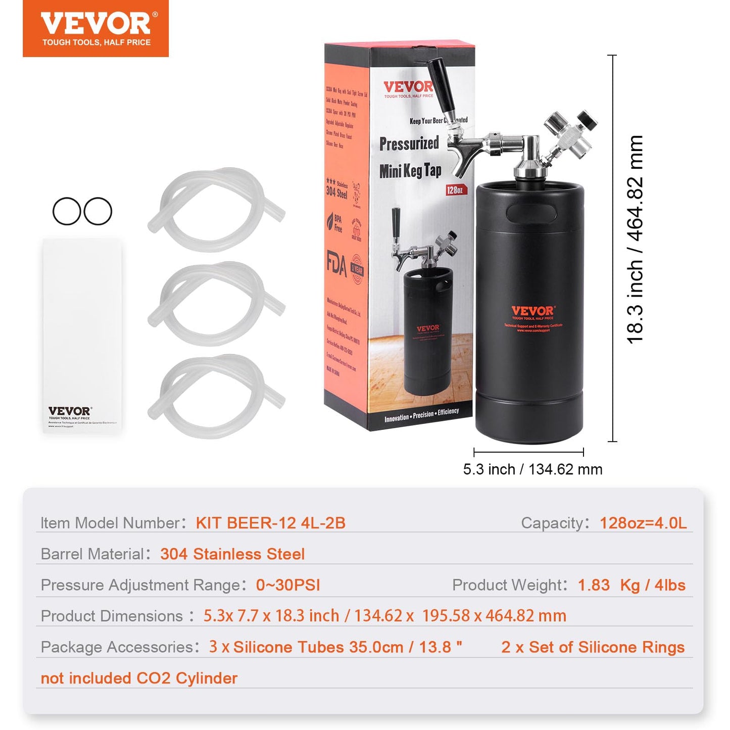 Beer Growler Tap System, 128Oz 4L Mini Keg, 304 Stainless Steel Pressurized Beer Growler, Keg Growler with Pressure Display, CO2 Regulator Faucet, Leak-Proof Ring For Draft, Homebrew, Craft Beer