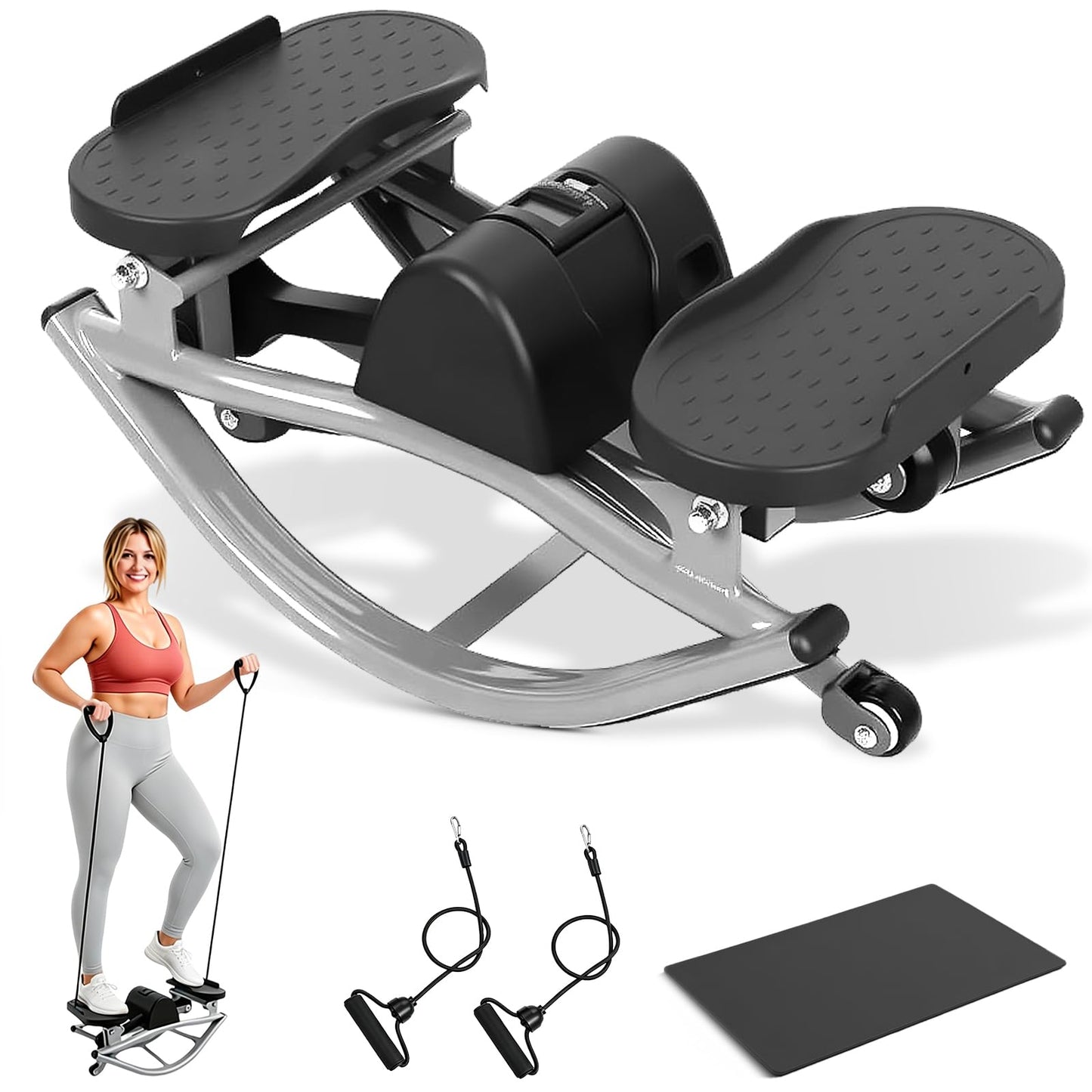 Rock Stepper with Digital Monitor, Low-Impact Compact Rock Stepper Side to Side with Resistance Bands, 360 LBS Weight Capacity, Portable Stair Stepper for Home, Apartment, Dormitory, Office