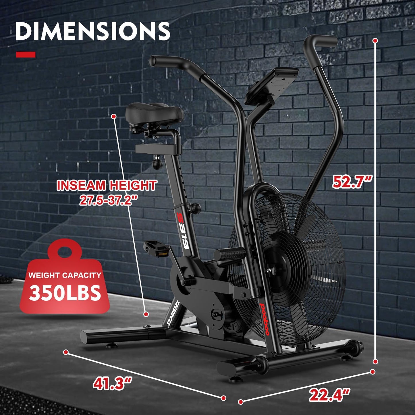 pooboo Exercise Bike, Stationary Bike for Home Gym, Air Resistance Bluetooth Fan Bike w/Dual Acction Handlebars & Dual-Layer Transmission System, Upright AirBike Indoor Cycling Bike for Cardio Workout