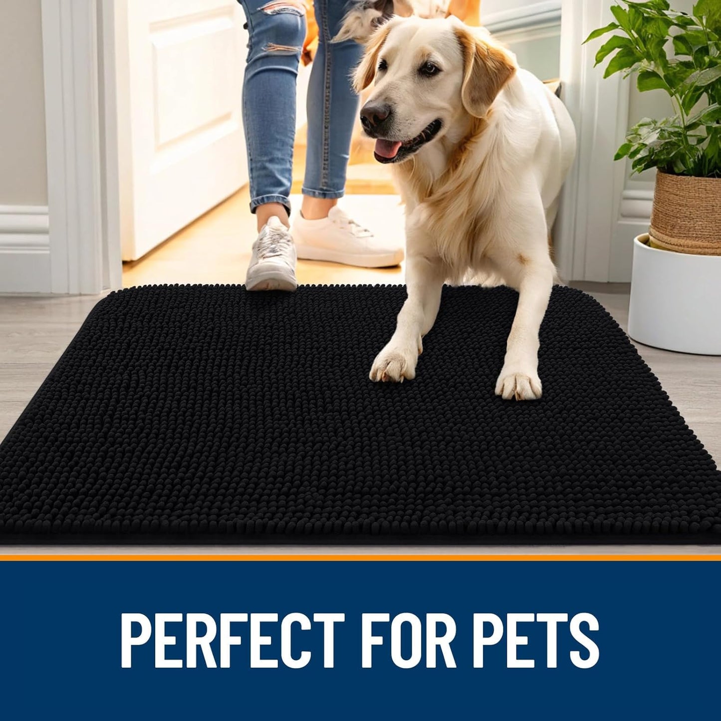 OLANLY Dog Door Mat - Absorbent Non-Slip Chenille Mat for Muddy Paws | 70x32 Inches, Quick Dry, Black