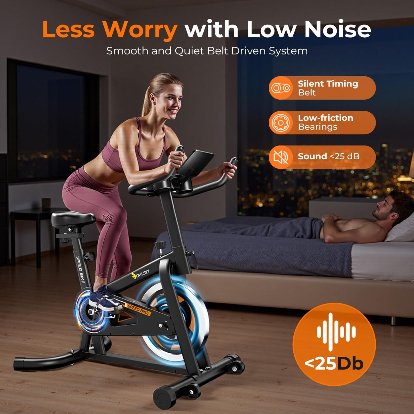 OWLSKY Exercise Bike with APP, Stationary Bike for Home, 300 lbs Capacity Quiet Indoor Cycling Bike Gym Cardio Workout, Adjustable Seat & Tablet Holder Friction-Black