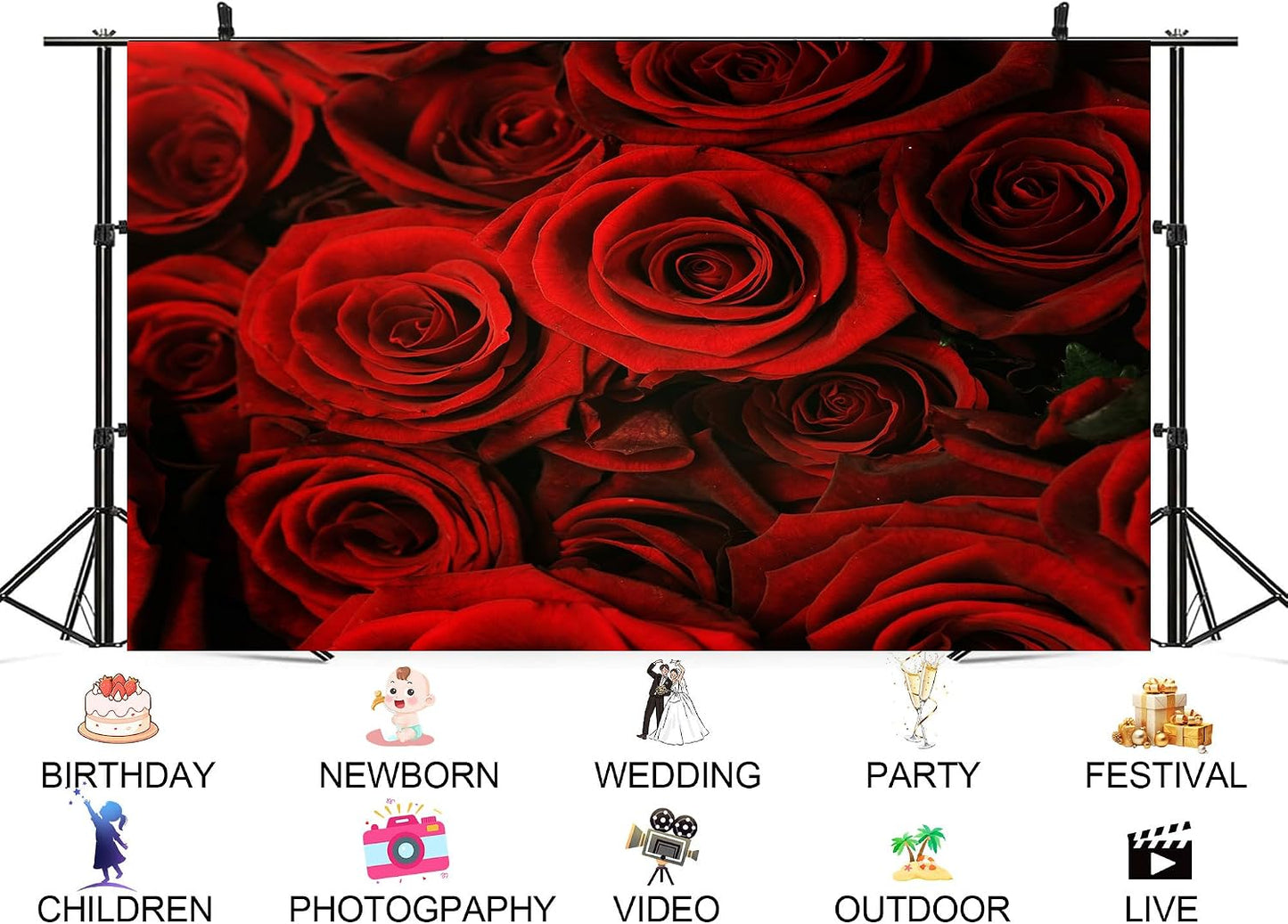 UPXIO 10x7ft Luxury Red Rose Bouquet Backdrop Dense Floral Blooms Photo Background Tapestry for Wedding Anniversary