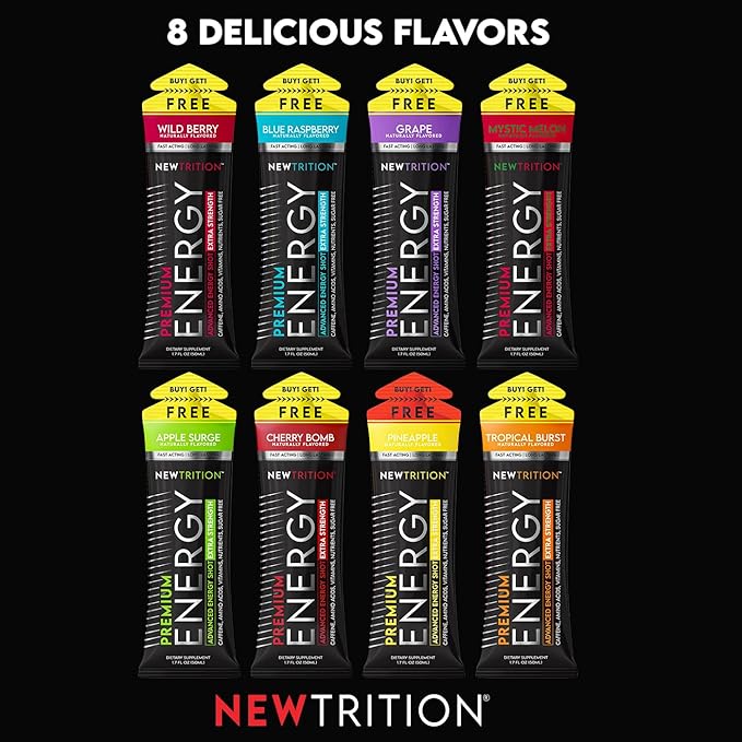 NewTrition® Extra Strength Energy Shots, 250mg Caffeine Energy Shots with Vitamin B & Amino Acids, Sugar-Free Vitamin Energy Shot, 1.7 fl oz (Pack of 6, Tropical Burst)