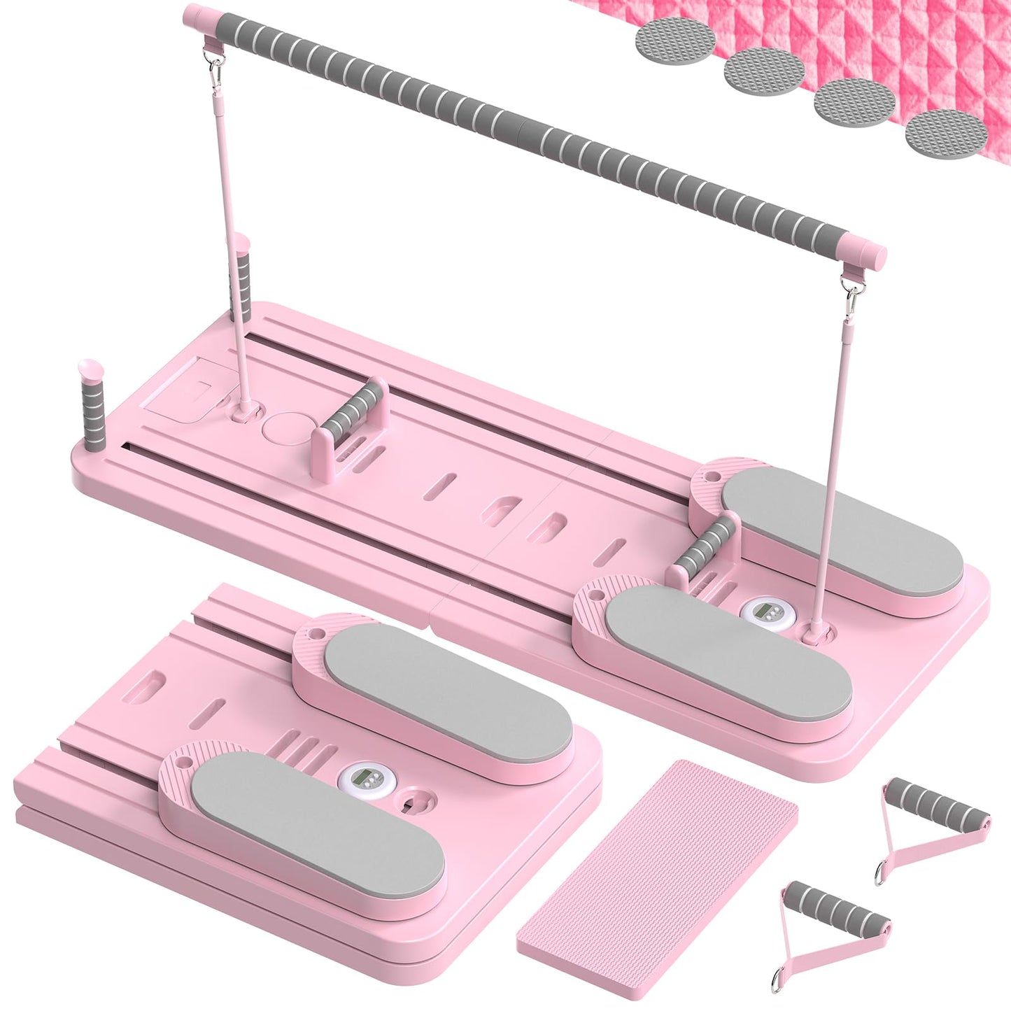 Multifunctional Pilates Board, Pilates Reformer Sets 7-in-1 Foldable Pilates Reformer Machine for Home Workout with Timer, Phone Holder, Push-up Bar, Ab Board, 330LBS Capacity Portable Set, Pink