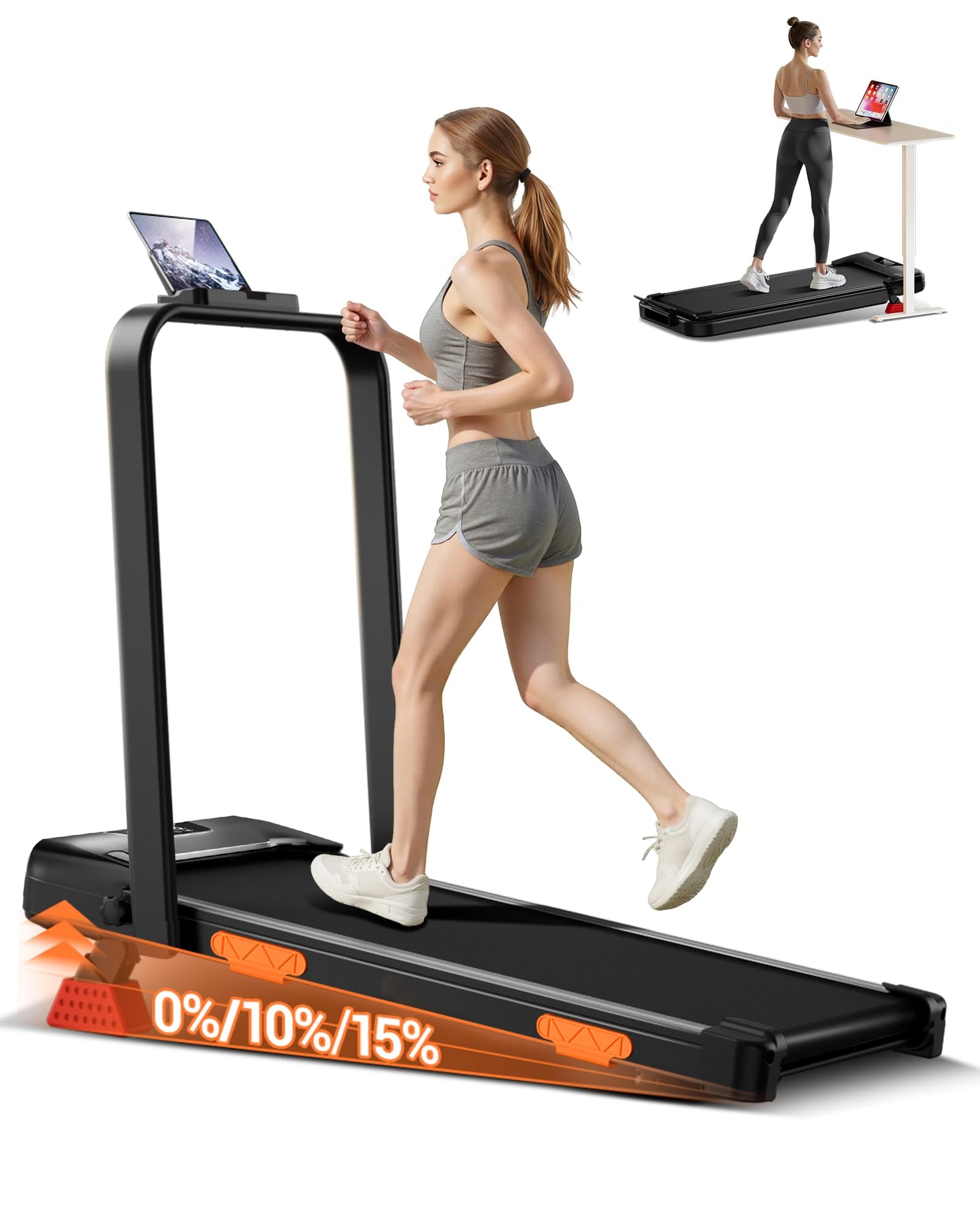 LONTEK Walking Pad with 15% Incline, Portable Under Desk Treadmill, Foldable Treadmills for Home, 2.5 HP Quiet Walking Pad with 300 LBS Capacity