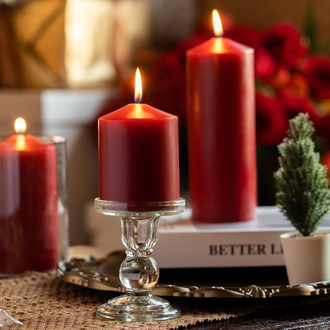 MOZEAL 3" x 8" Hand-Poured Unscented Candles,Large Dark Red Pillar Candles Set of 2,No Drip,Approx 120 Hours Long Burning,Wedding,Dinner,Christmas and Home Decor（3 Inch Diameter 8 Inch Height）