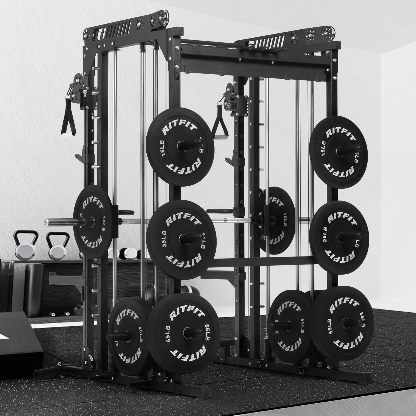 RitFit M1 Pro SmithMachine with Cable Crossover System, Multi-Function Squat Rack Power Cage for Home Gym, Power Rack and Packages Black（bp260 Package）