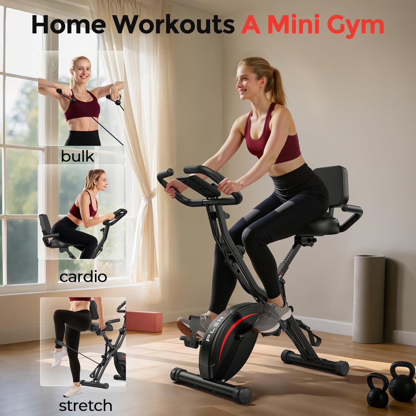Pleny Folding Exercise Bike, 5 IN 1 Stationary Bikes for Home 6.6 LBS Flywheel, 330LB Weight Capacity Back Support Cushion Indoor Workout Cycling Bike for Home Gym, Black-red