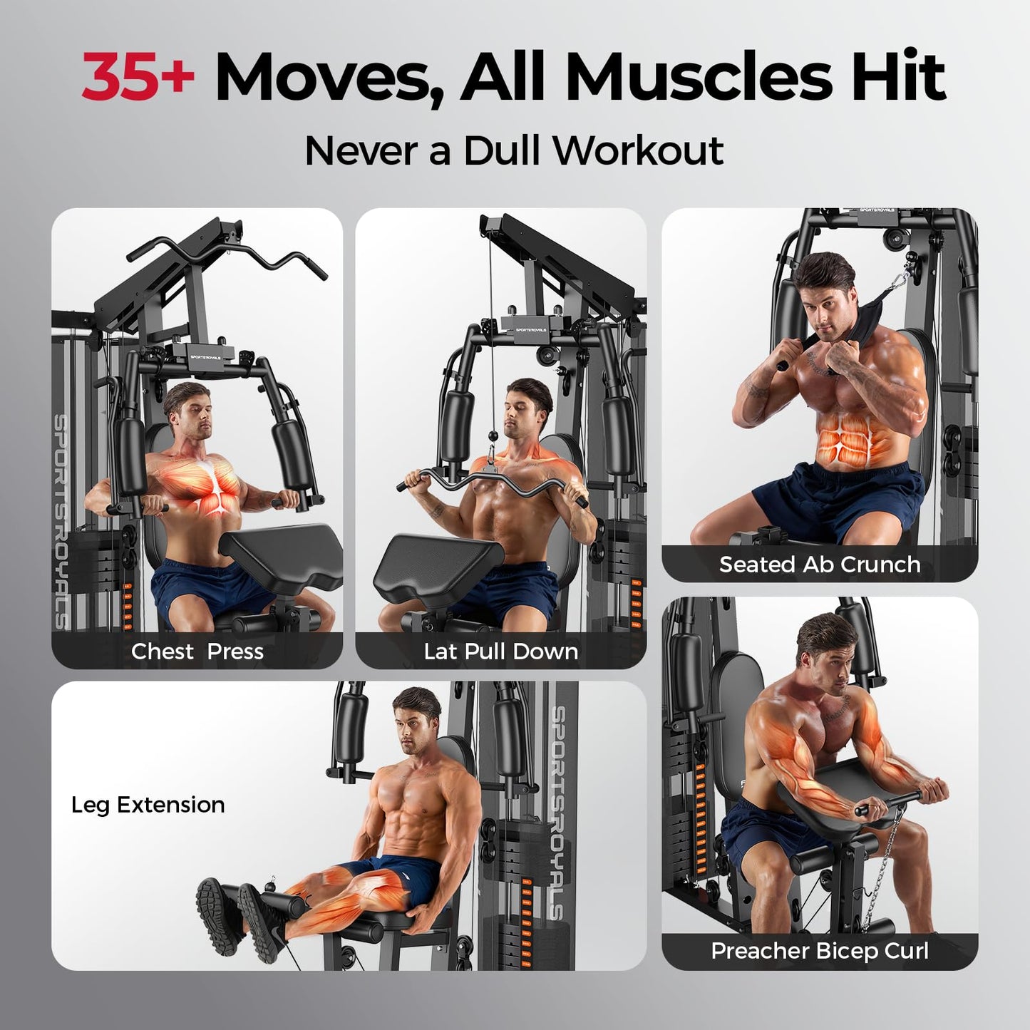 Sportsroyals Home Gym, Multifunctional Gym Equipment, Workout Equipment with 154LBS Weight Stack, for Leg Press, LAT Pull Down, Chest Presses
