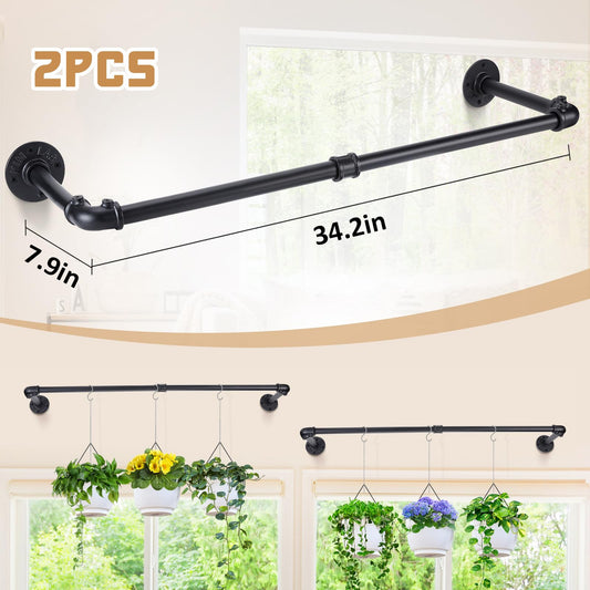 Bigmeta 34in Hanging Planters Rod for Indoor Plants - Max. Load 44 lb Black Metal Holder Rod for Wall Ceiling Decor, 2 Pcs (Pot Chain & Plants Not Included)