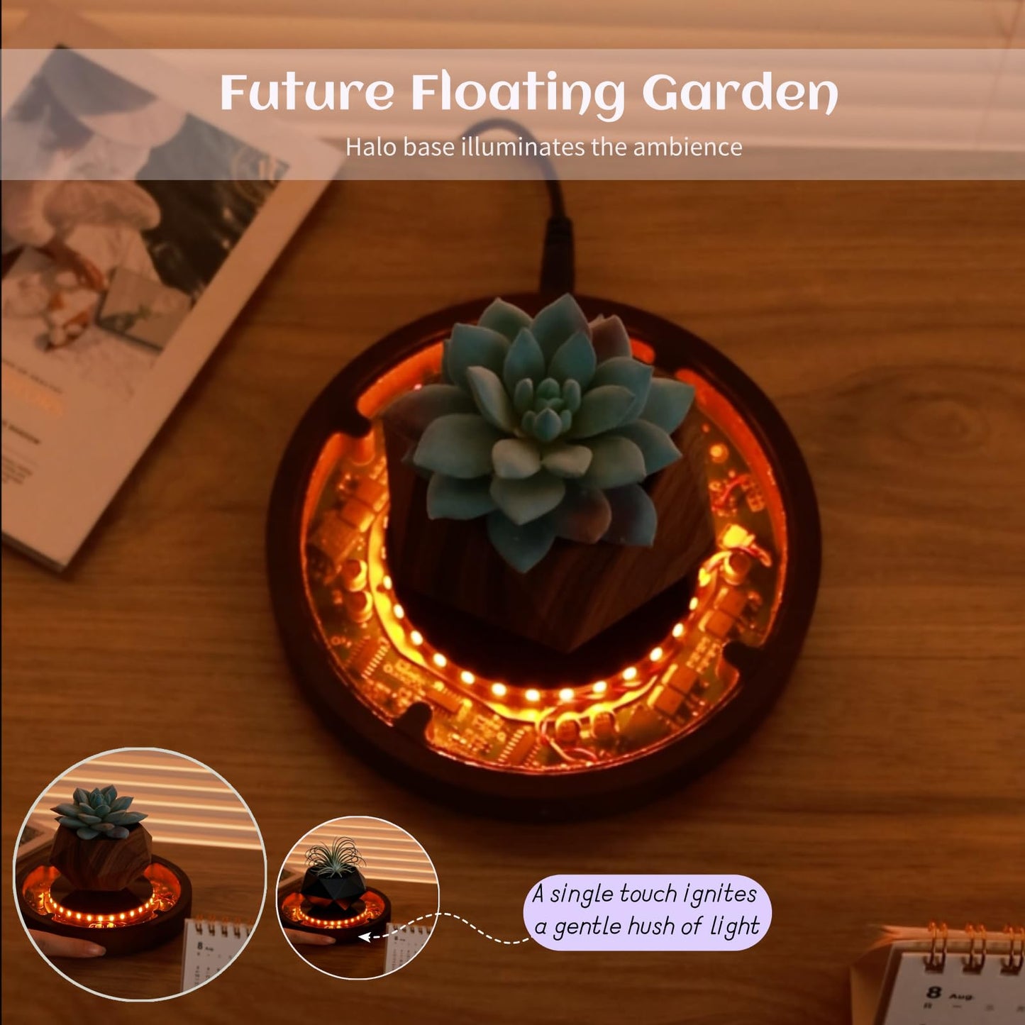 MOOCCI Magnetic Levitation Lamp, Floating Plant Pot with Glowing Base for Home Decor, Creates Romantic Ambiance, Modern Nightstand Lamp and Thoughtful Gift for Lover (Black)