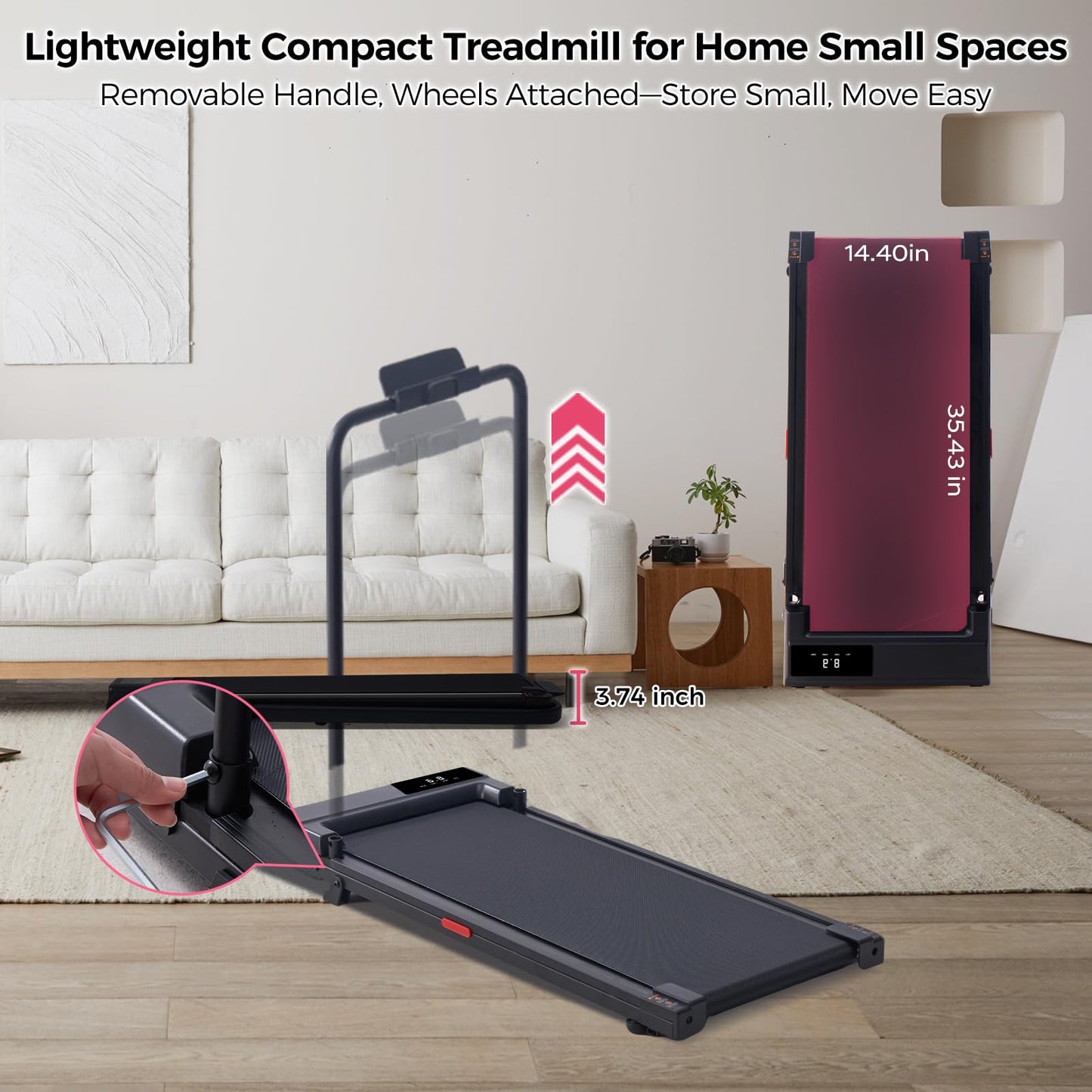 Portable Walking Pad Treadmills for Home Small, Electric Mini Walking Treadmill for Exercising, 3.0HP Compact Walking Pad Treadmill with Handle Bar, 0.6-7.6MPH, 350LB Capacity