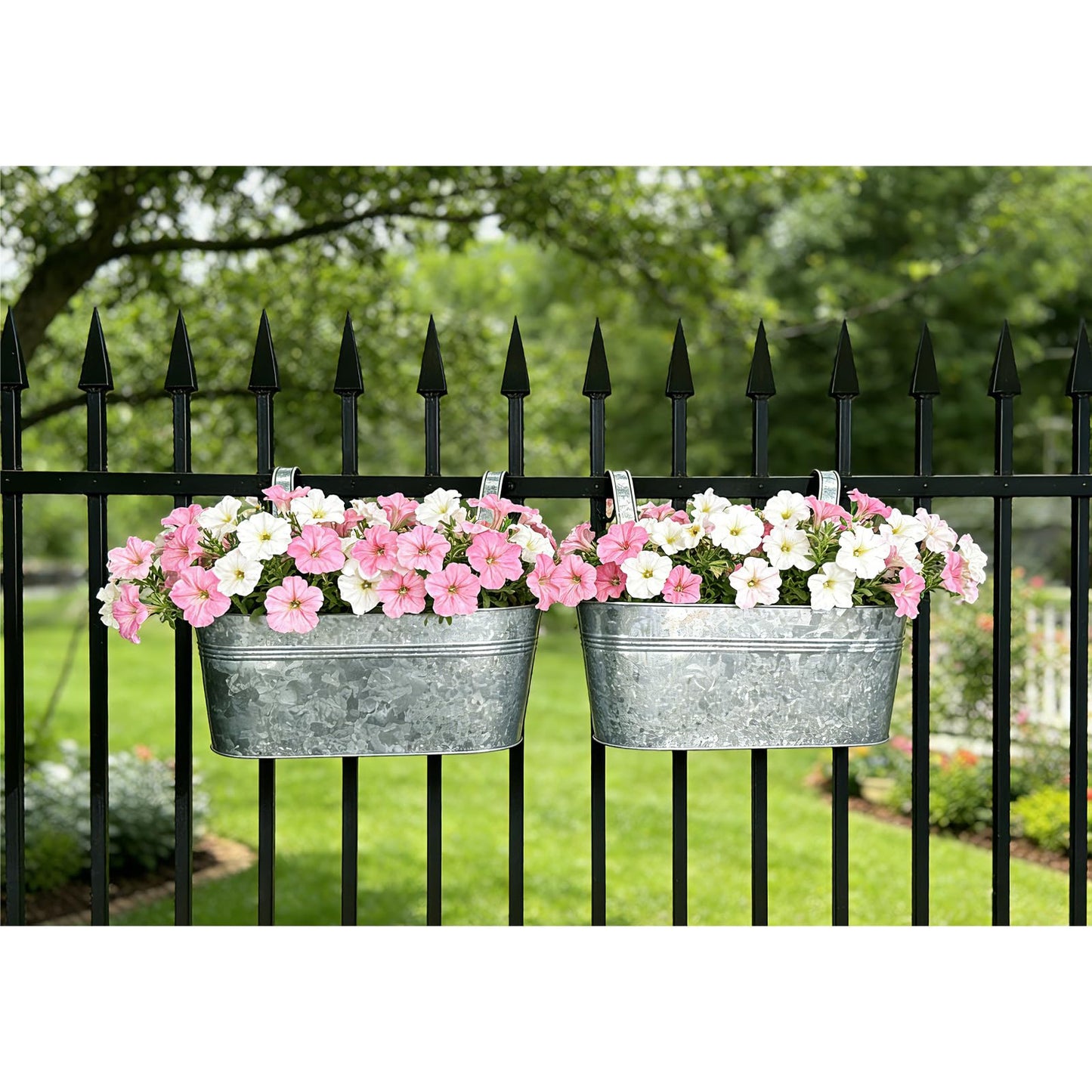 Joyfernal Balcony Galvanized Hanging Planters Railing Flower Pots, Outdoor Metal Fence Planter Pot with Detachable Hooks Drain Hole for Garden Patio Yard Decor (17 Inch, 2Pcs)
