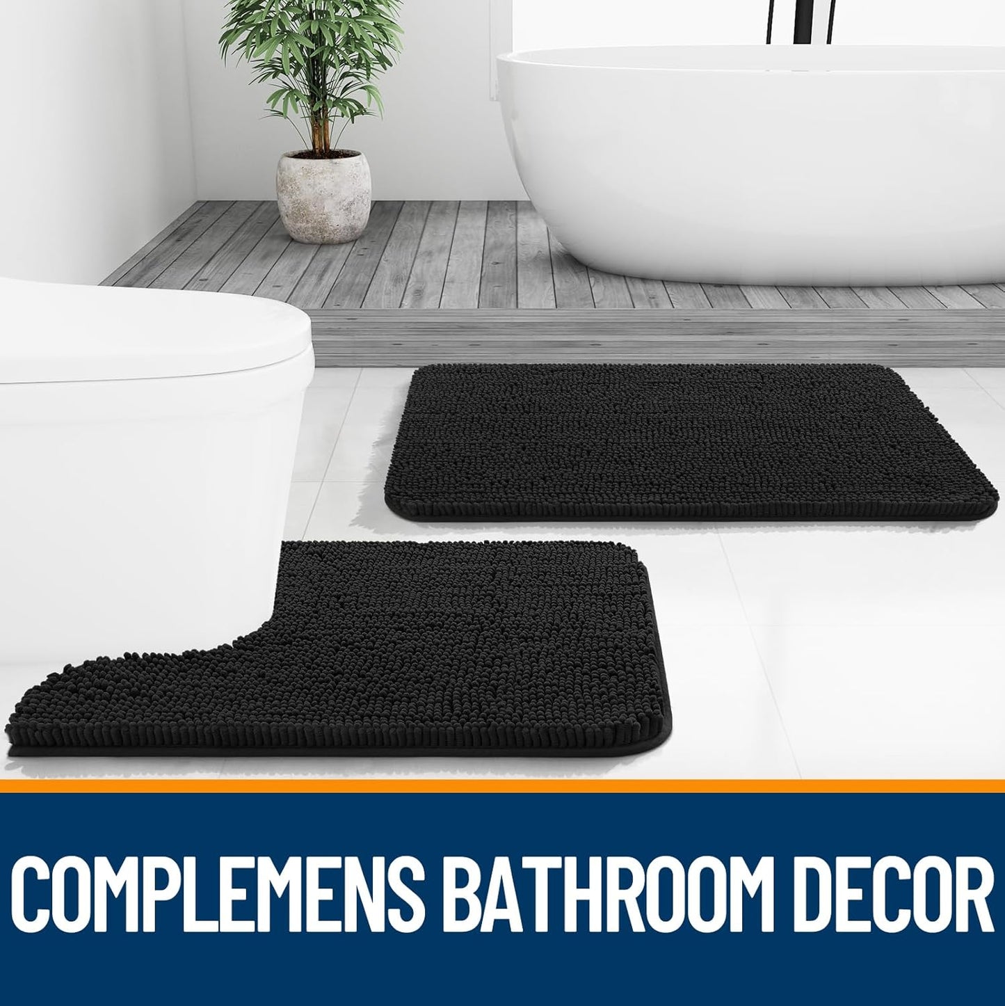 OLANLY Large Bathroom Rugs - Extra Soft Chenille Bath Mats | Quick-Dry, Rubber Backing, 44x32, Black