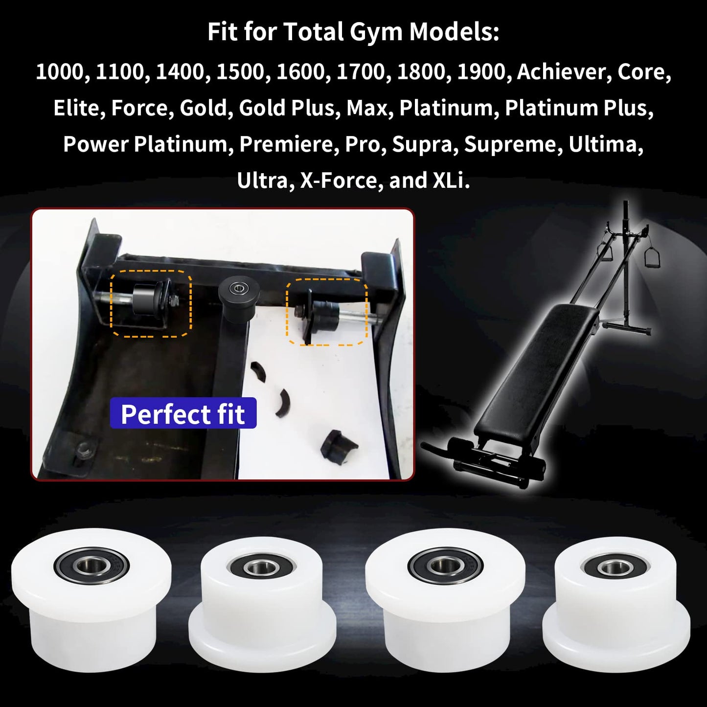Qty.4 Machined Wheels/Rollers Compatible Total Gym Replacement, Fits Models 1000,1100,1400,1500,1600,1700,1800,1900,Achiever,Force,Gold,Max,Platinum,Platinum Plus,Pro,Supra, Supreme,Ultima,Ultra,XLI