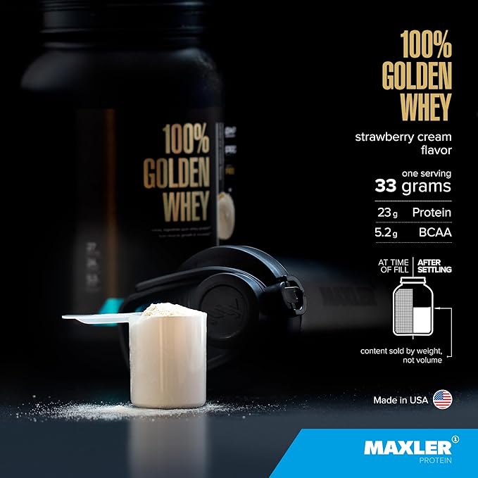 Maxler 100% Golden Whey Protein - 23g of Premium Whey Protein Powder per Serving - Pre, Post & Intra Workout - Fast-Absorbing Whey Hydrolysate, Isolate & Concentrate Blend - Strawberry Cream 5 lbs