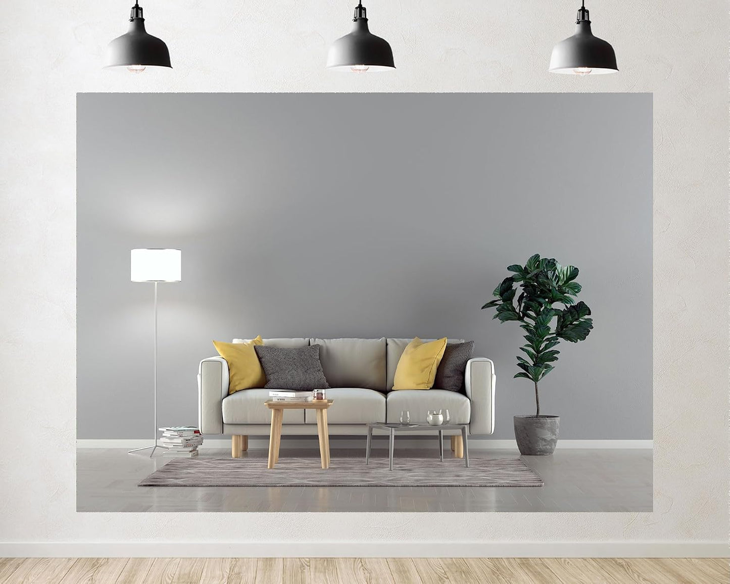 TryKid 8x6ft Modern Living Room Backdrop Beige Sofa Yellow Pillows Fiddle Leaf Fig Minimalist Interior Photography