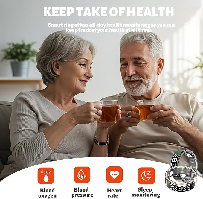Smart Health Ring for Women Men, Smart Ring Fitness Tracker for iOS Android, Heart Rate, Blood Oxygen, Blood Pressure, Sleep Monitoring,5ATM Waterproof, No Subscription Fee (Silver, 8#)