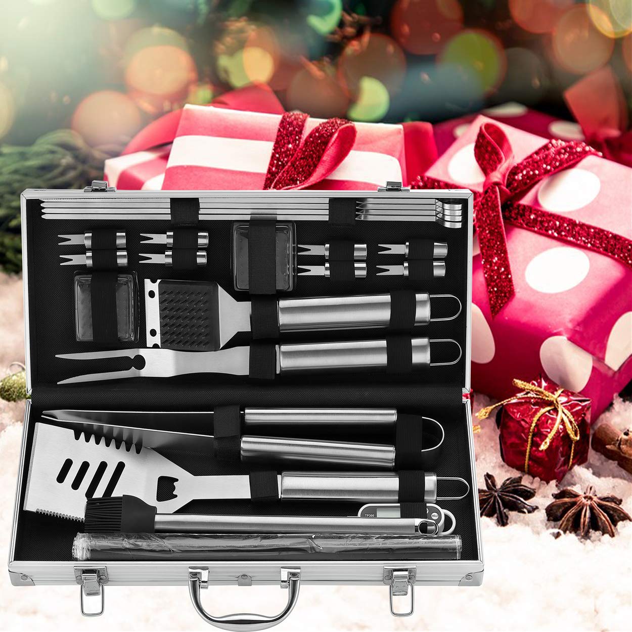 ROMANTICIST 23pcs Must-Have BBQ Grill Accessories Set with Thermometer in Case - Stainless Steel Barbecue Tool Set with 2 Grill Mats for Backyard Outdoor Camping - Father's Day Best Barbecue Gift