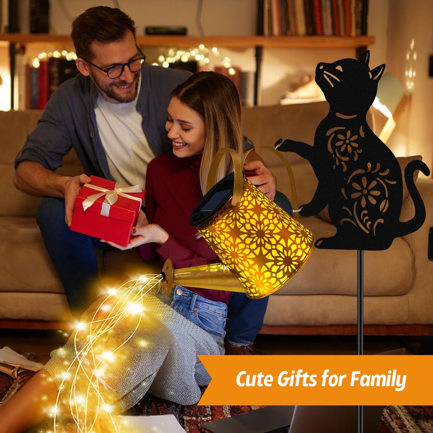 Solar Lights Outdoor, 2 Pack Black Cat Solar Watering Can Lights, Birthday Gifts for Women Mom Cat Lover Mother's Day Christmas, Waterproof Hanging Lantern Garden Decor Outside Patio Yard Pathway