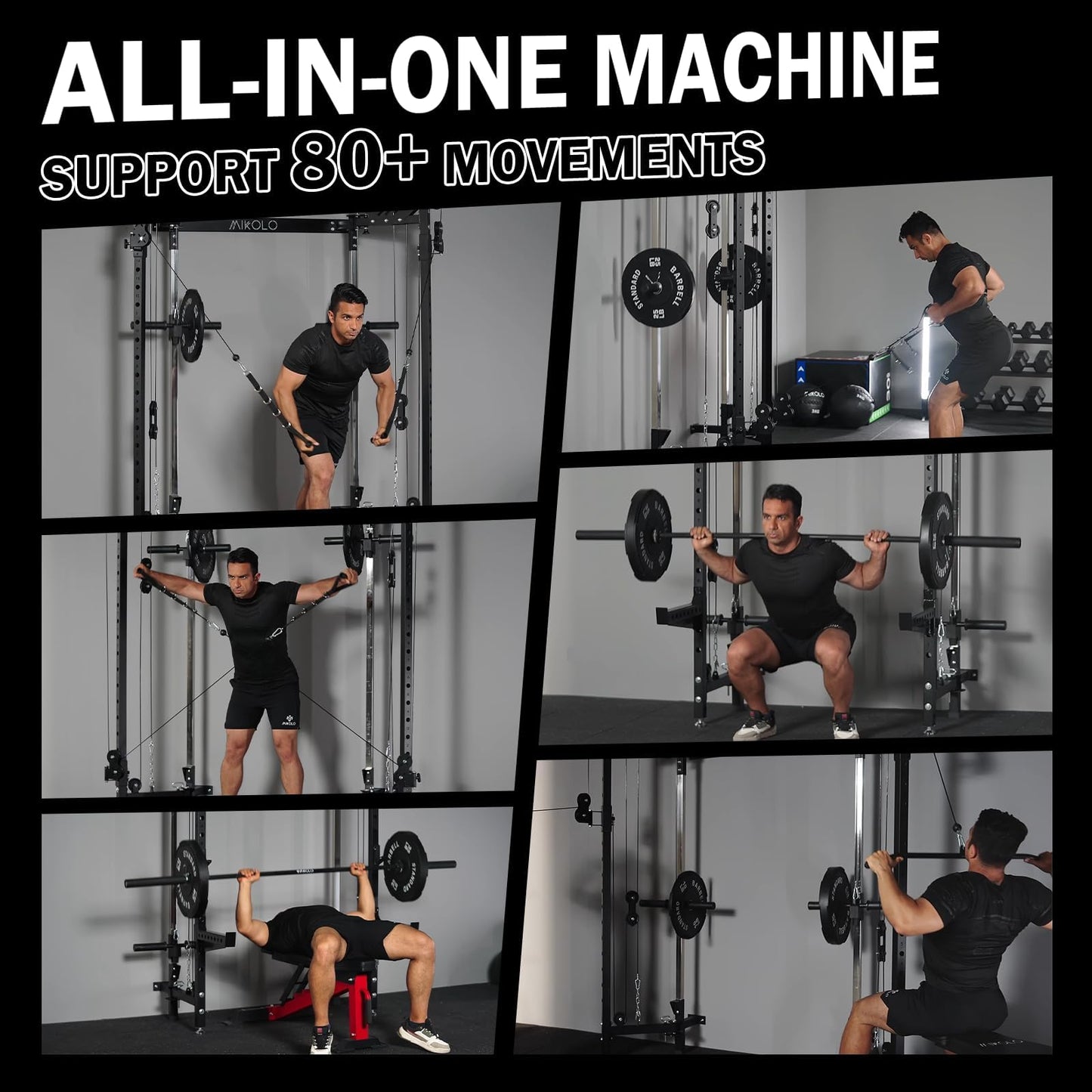 Mikolo Folding Squat Rack, Wall Mounted Power Rack with Cable Crossover Machine & LAT Pull Down, Functional Trainer with 5 Adjustable Function Modes, No Function Interference (Red)