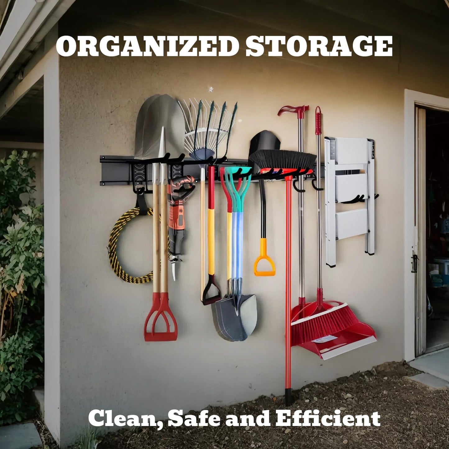 SEDY 64" Heavy Duty Garage Storage Tool Organizer Wall Mount - Tool Rack with Adjustable Hooks, Anti-Rust, 300lbs Capacity - Easy Installation (4 Racks, 10 Hooks, 3 Straps)