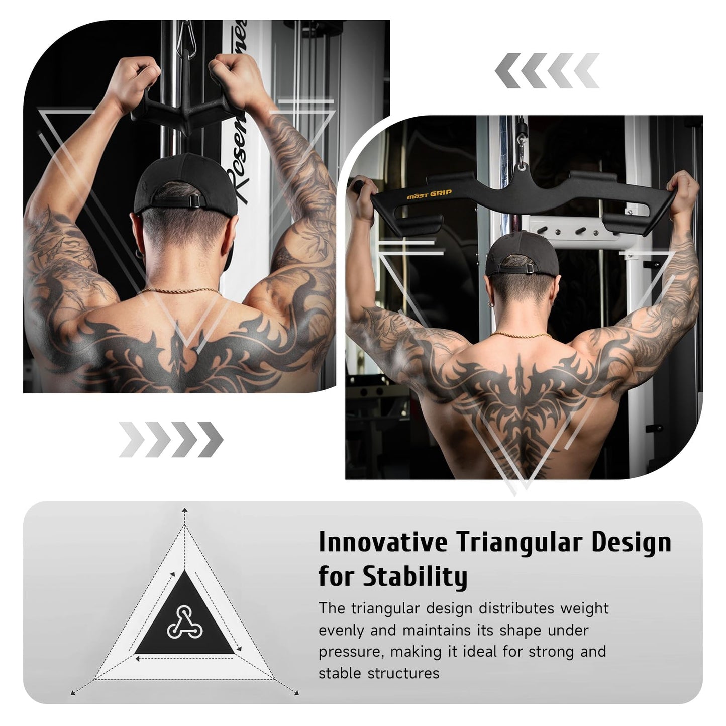 MOST GRIP LAT Pull Down Bars Set, Triangular Stability LAT Pulldown Attachments with 8 Ergonomic Handles for Whole Back Training, Non-Slip Cable Machine Attachment for Gym Home Workout