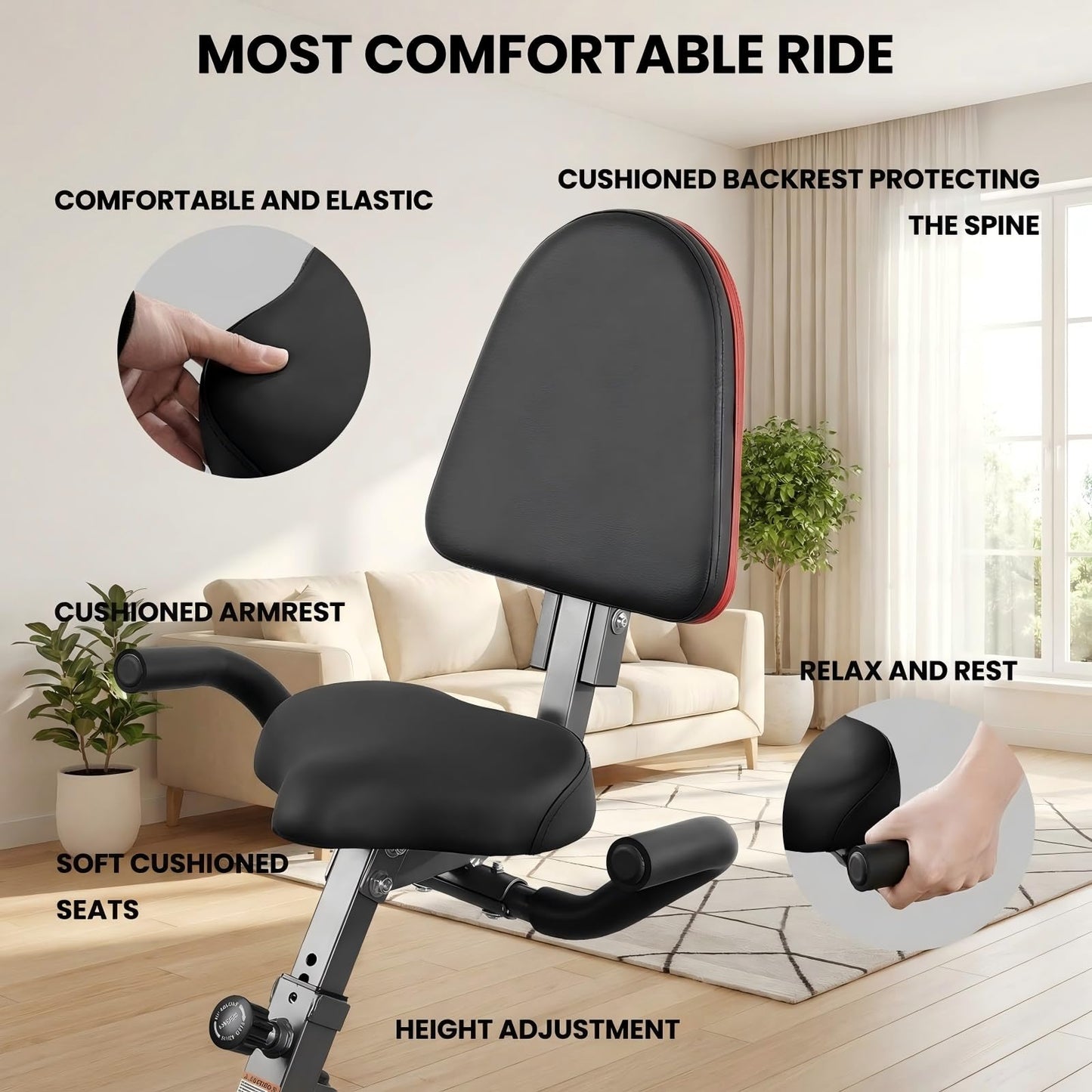 Exercise Bike, 4 IN 1 Stationary Bike, Foldable Folding Exercise Bike with 16-Level Magentic Resistance, Support Back Pad and Phone/Tablet Holder, Arm Resistance Band, Pulse Sensor, LCD Monitor for Home Workout 265LB Capacity