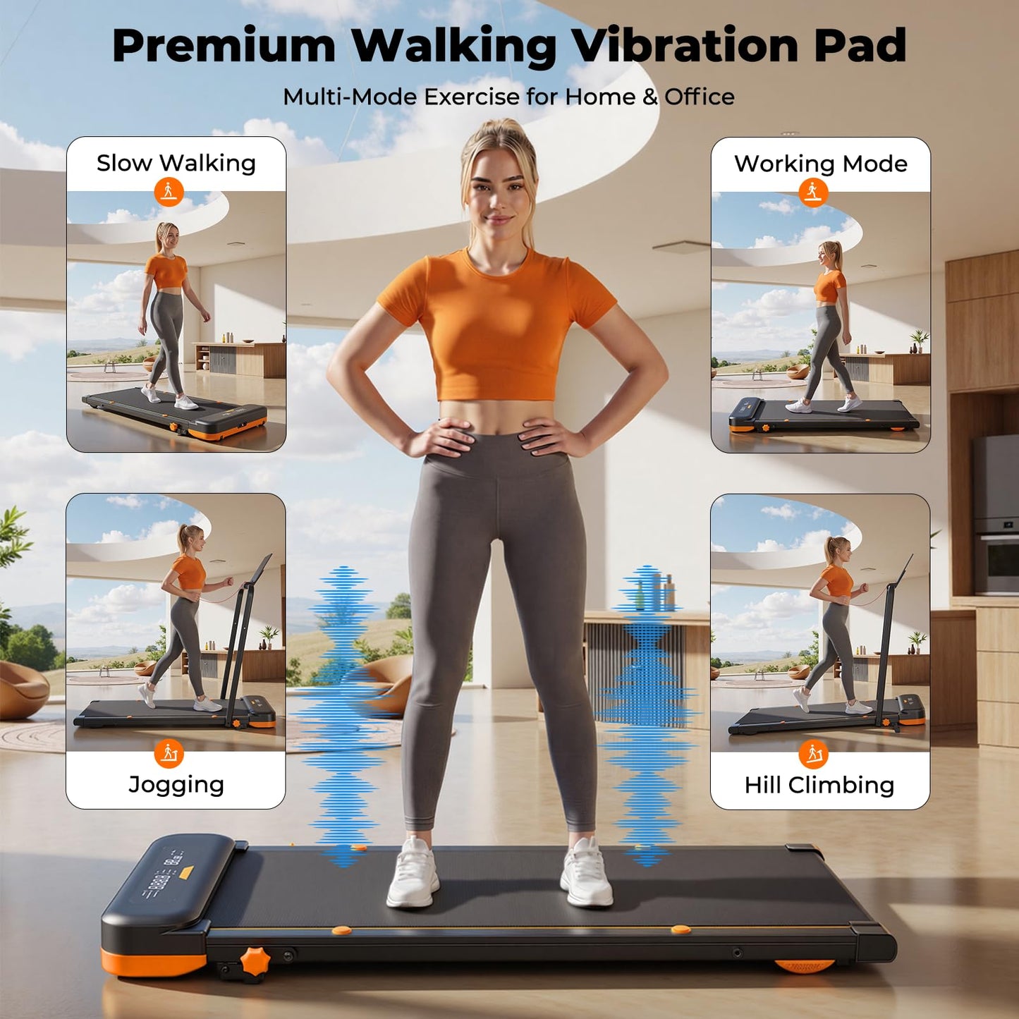 JAGJOG 4 in 1 Walking Pad with Incline, Vibration Plate with Handle Bar, Under Desk Treadmill for Home Small Spaces, Foldable Treadmill with Wristband Remote, LED Display & App（Black）