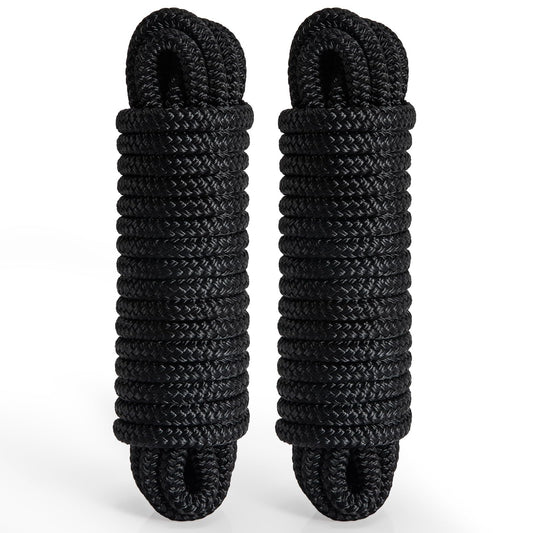 2 Pack 3/8" x 20' Boat Dock Lines for Boat & Pontoon, Premium Marine- Grade Double Braided Nylon Boat Lines, Pre-Spliced with a 12" Eyelet-Black,High Strength,Easy Handling,Boating Gifts for Men.