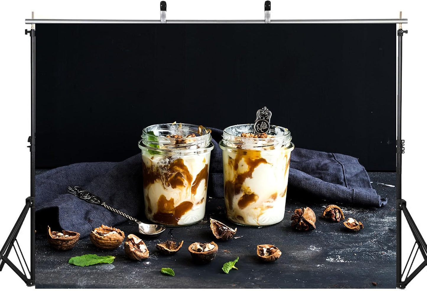 LidyMini 10x7ft Fabric Yogurt Parfaits with Caramel and Walnuts Backdrop Dark Moody Surface Mint Leaves Photography