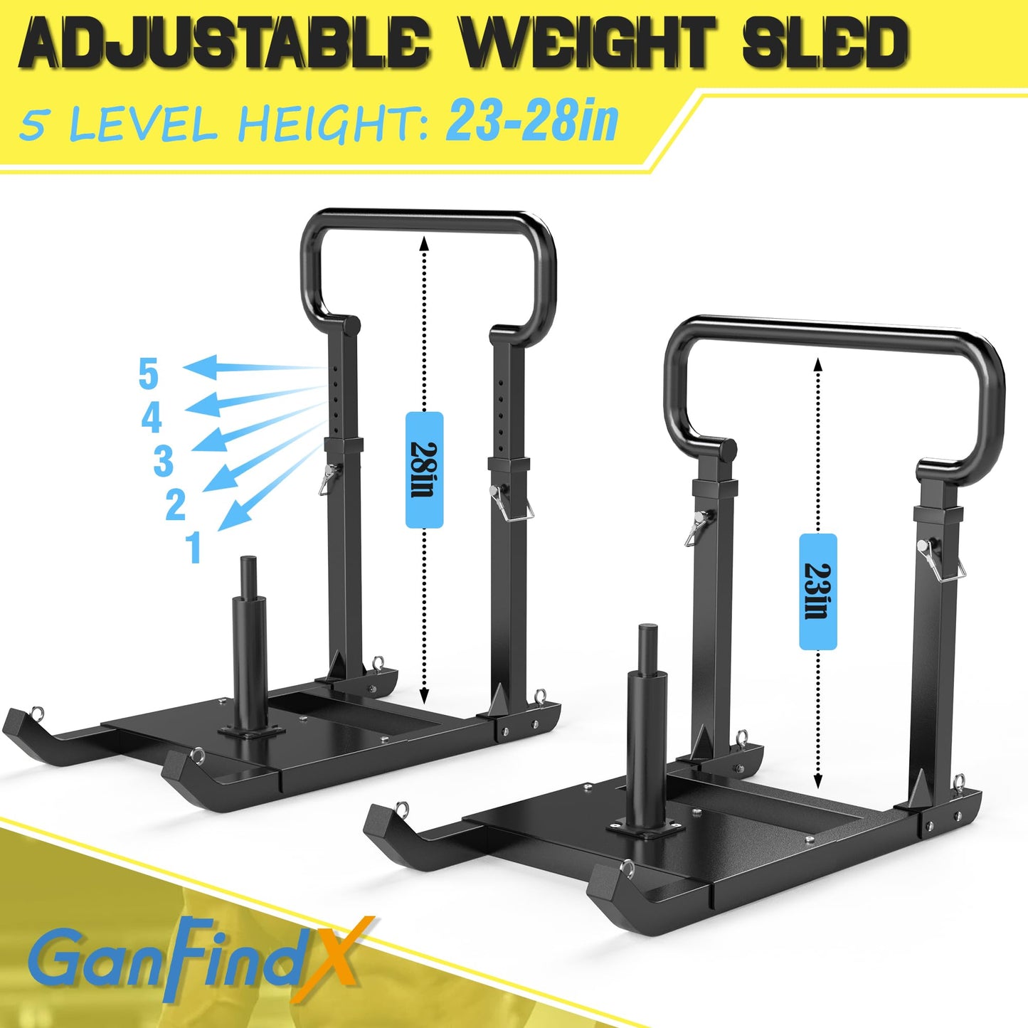 GanFindX Adjustable Height Weight Sled, Heavy-Duty Push Pull Training Sled, Adjustable 5-Level Handle for Speed and Strength Improvement, Suitable for 1" & 2" Weight Plates
