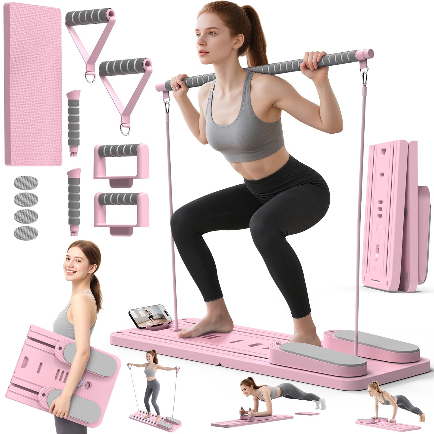 Multifunctional Pilates Board, Pilates Reformer Sets 7-in-1 Foldable Pilates Reformer Machine for Home Workout with Timer, Phone Holder, Push-up Bar, Ab Board, 330LBS Capacity Portable Set, Pink