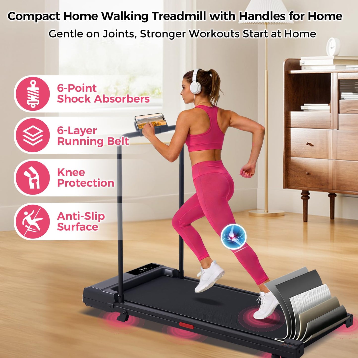 Portable Walking Pad Treadmills for Home Small, Electric Mini Walking Treadmill for Exercising, 3.0HP Compact Walking Pad Treadmill with Handle Bar, 0.6-7.6MPH, 350LB Capacity