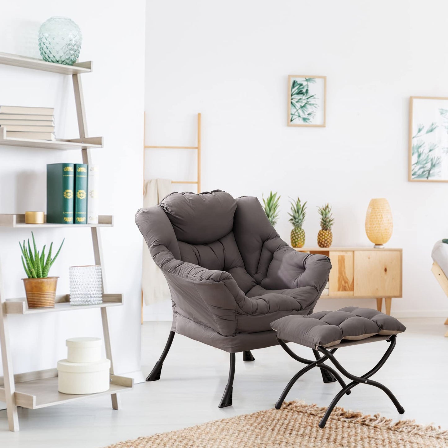 LITA Lazy Chair with Ottoman, Modern Accent Leisure Upholstered Lazy Sofa Armchair, Contemporary Lounge Reading Chair with Armrests and a Side Pocket for Living Room, Bedroom & Small Space, Dark Grey