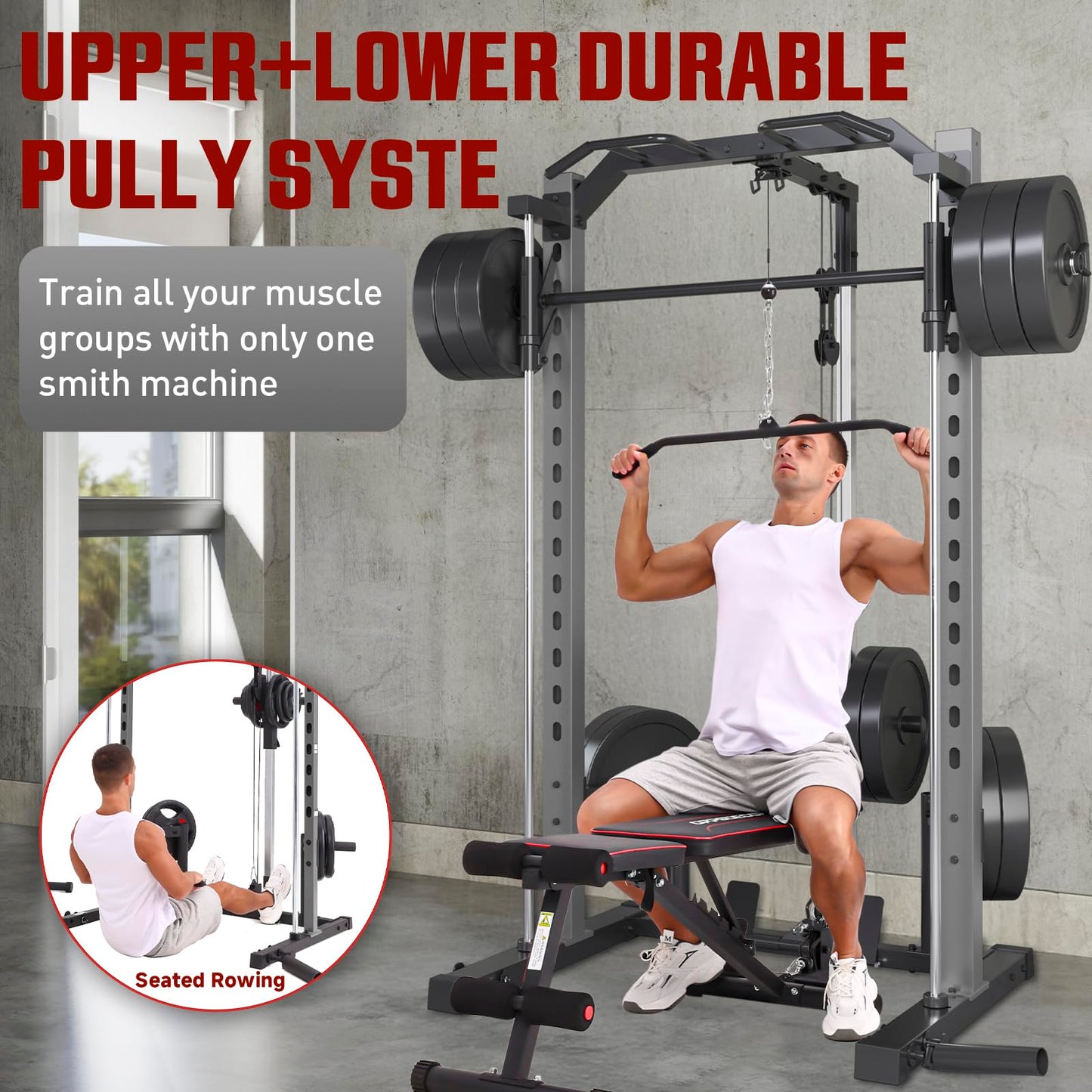 OPPSDECOR All-in-One Adjustable Smith Machine with LAT-Pull Down System Multi-Function Power Cage for Home Gym Cable Crossover Squat Rack of Workout Machine Training Equipment with Attachments