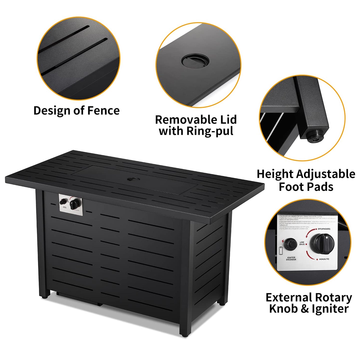 Xbeauty Fire Pit Propane Gas FirePit Table 43" Outdoor Fire Pit Rectangular Tabletop with Lid, Rain Cover, for Outside Garden Backyard Deck Patio