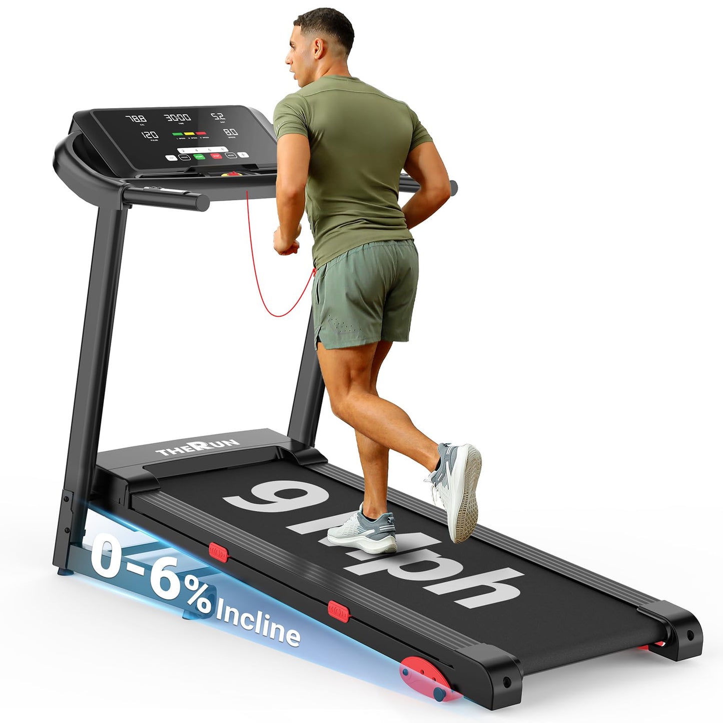 THERUN Treadmills for Home, Running Treadmill with Incline, Foldable Treadmills Heart Rate Sensors, 18″LED Display Manual Incline Adjustment, 3.0HP Treadmill for Indoor Fitness Workouts
