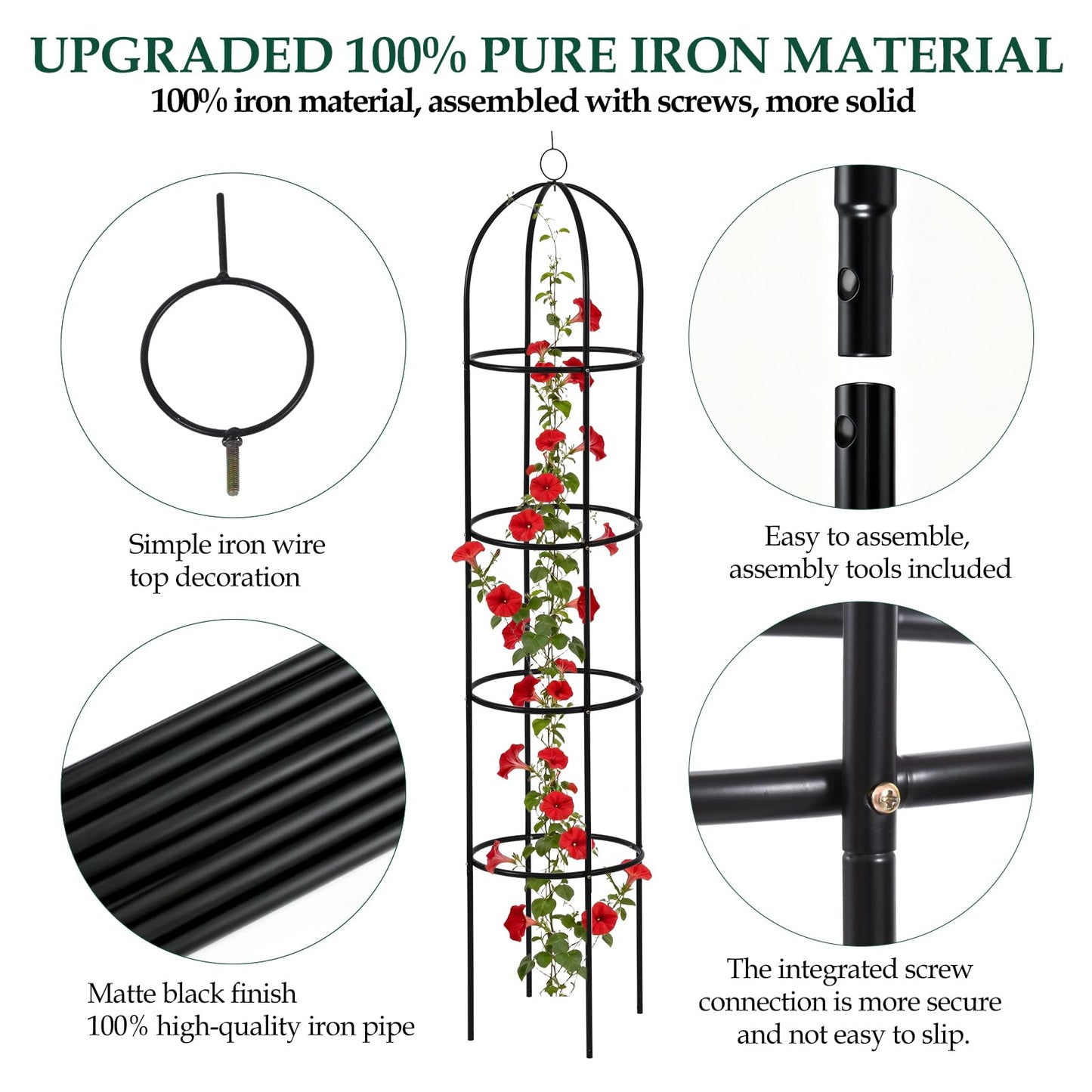 100% Metal Garden Obelisk Trellis for Climbing Plants Outdoor, 6.6ft Tall Metal Plant Support with Garden Twist Tie for Tomato Cucumber Pea Ivy Vines Rose Clematis Potted Plant Trellis 1 Pack