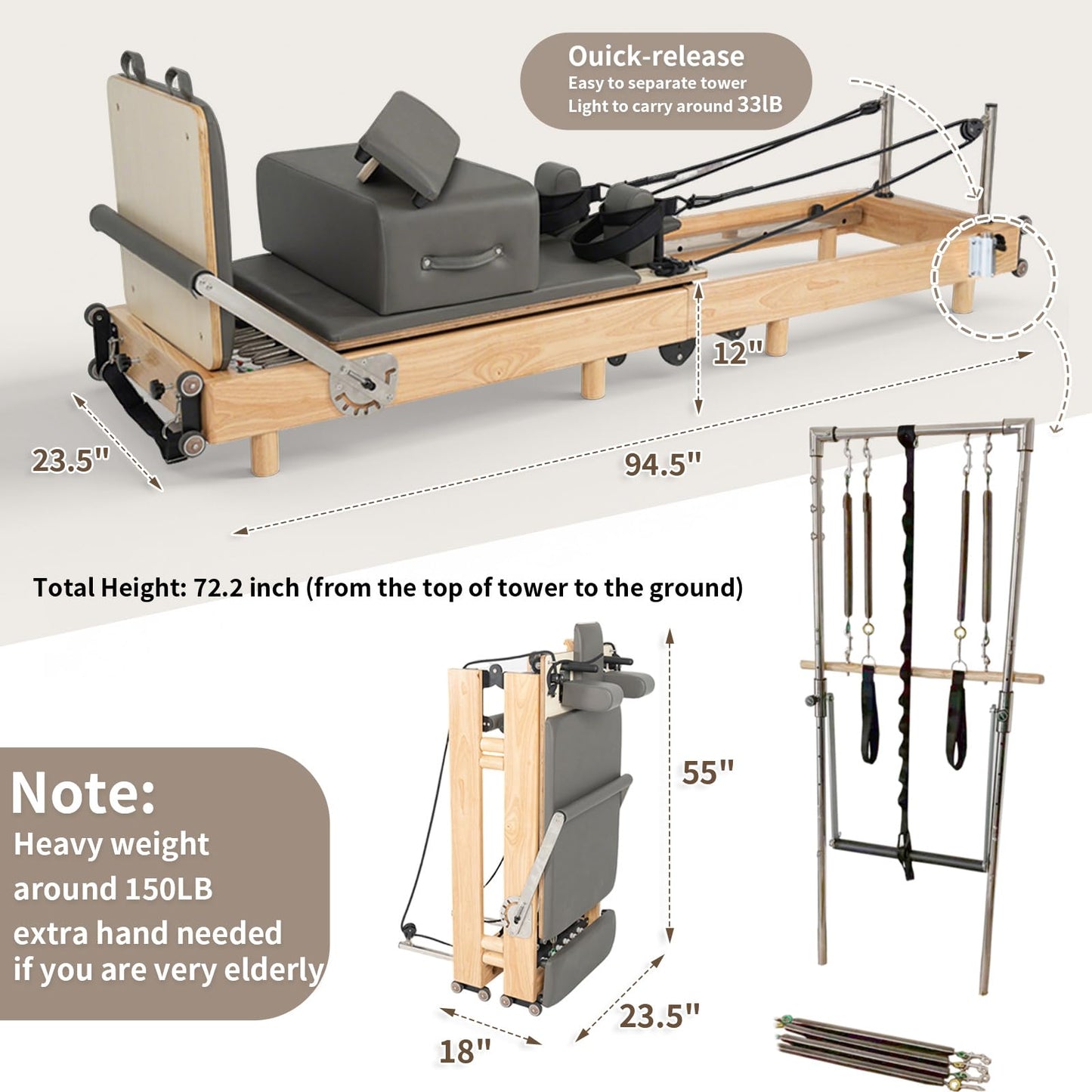 NEXACE Pilates Reformer Machine, Wood Foldable Pilates Machine Equipment for Home Workout (with Tower)