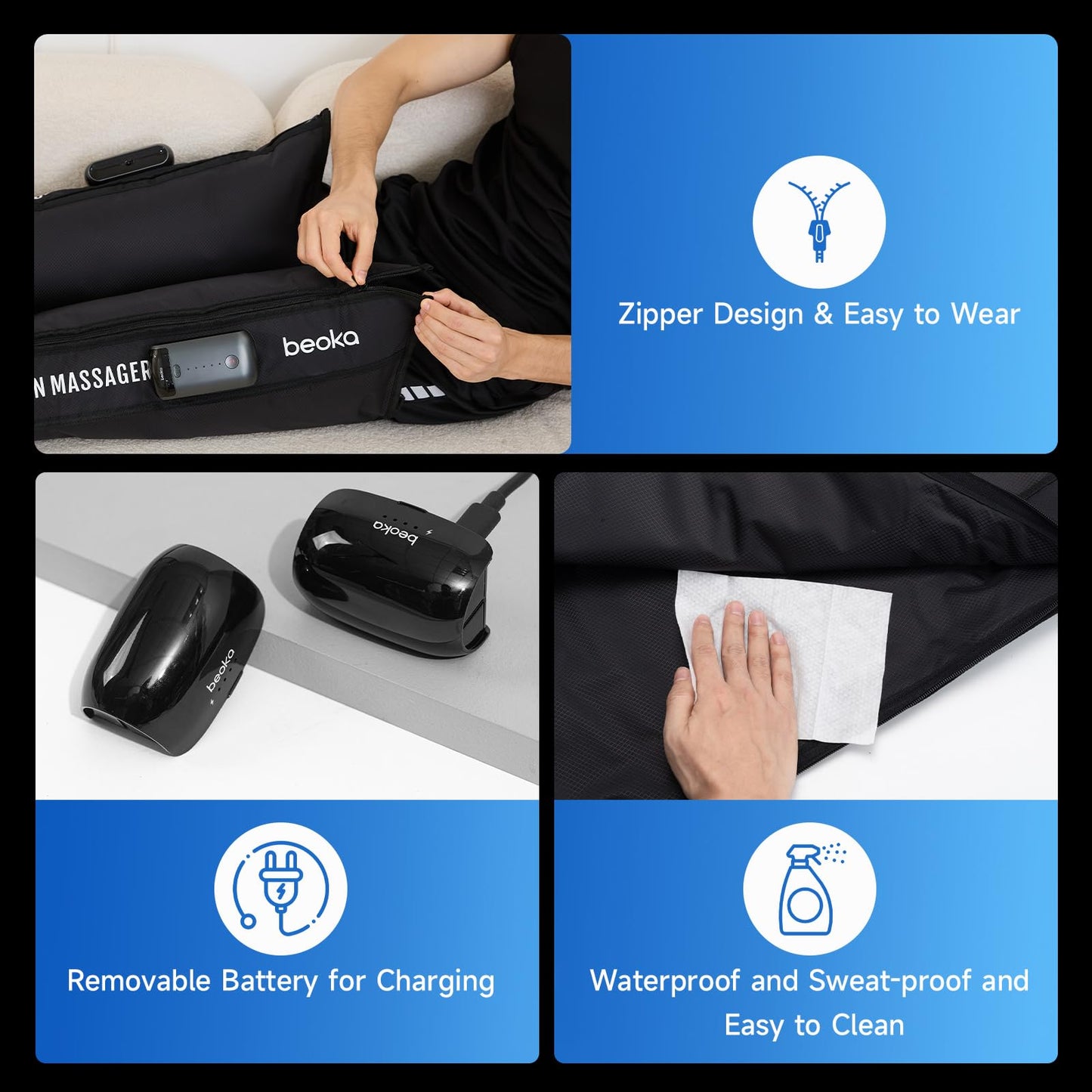 beoka Leg Massager for Circulation and Pain Relief, Leg Recovery System for Fast Recovery, Cordless Air Compression Boots with 3 Modes 5 Intensities for Athletes Runners and Travelers-M