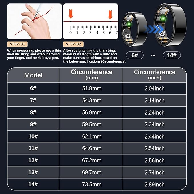 Smart Health Ring for Women Men, Fitness Tracker Ring with Heart Rate, Blood Oxygen, Sleep Tracker, Step Tracker, No Subscription Fee, IP68 Waterproof Smart Ring for iPhone & Android (Black, 9#)